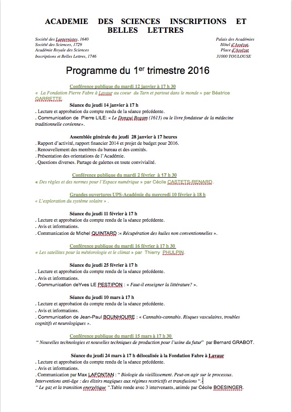 Programme 1er Trimestre 2016